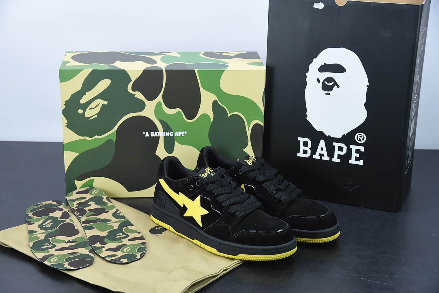 Human Made Bape Sta Sk8 To Nigo 潮流教父Nigo品牌黑黄色猿人头经典滑板百搭休闲运动板鞋纯原版本 货号：1G801009I