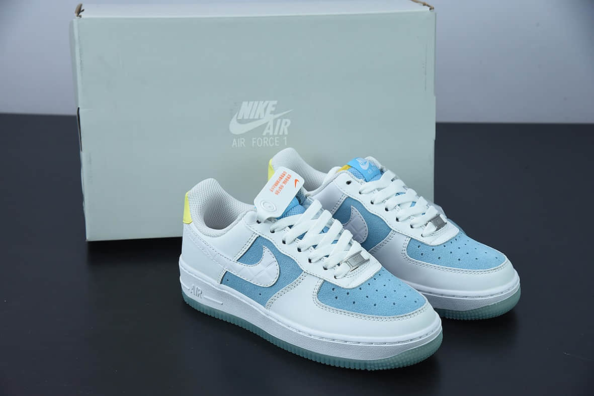 耐克Nike FTC Skateboarding x NK Air Force 1 07 LV8LAGOON PULSE空军一号菱格白银冰蓝经典低帮百搭休闲运动板鞋纯原版本 货号：AA7687-400