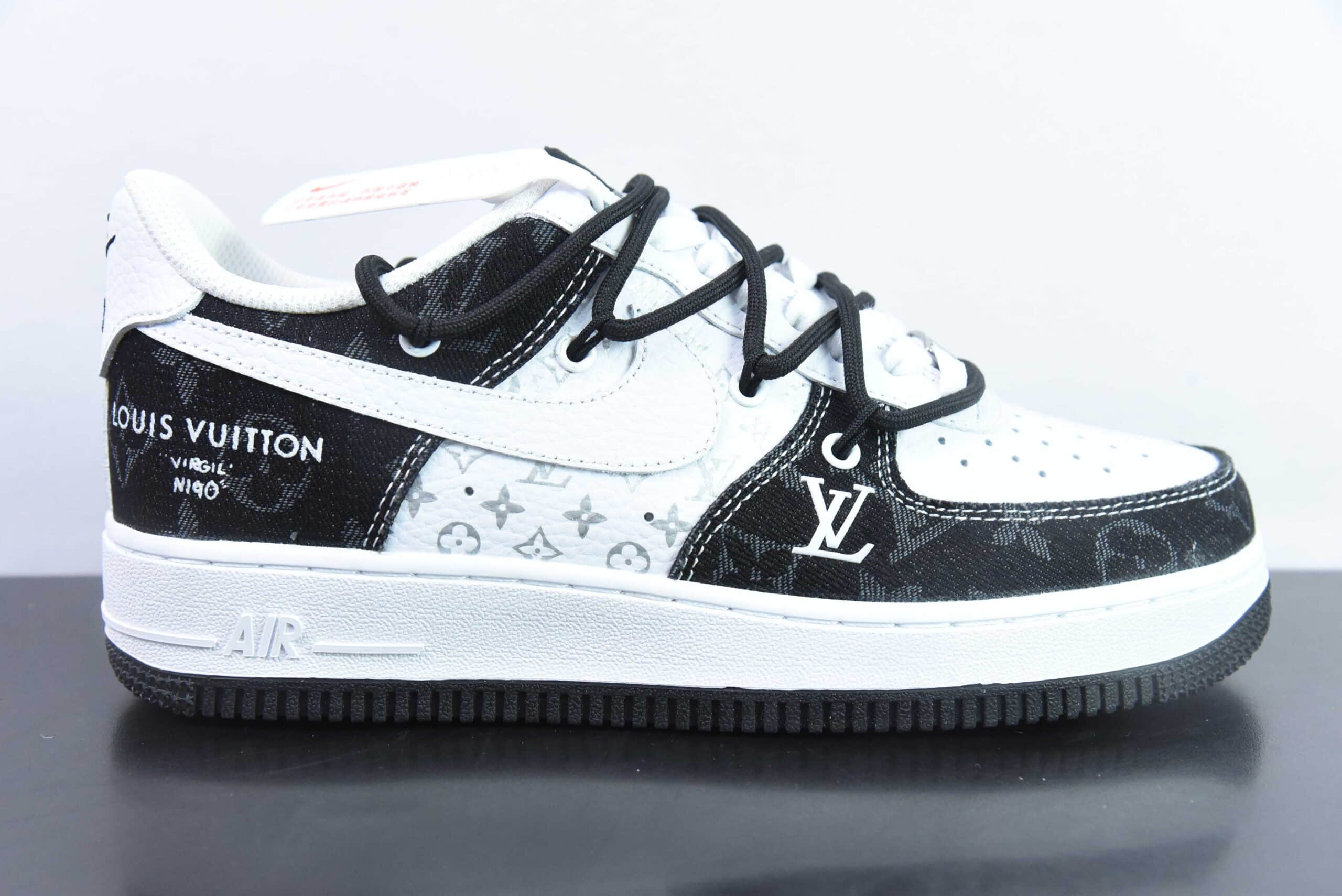 耐克Nike Air Force 1´07 Low 白黑牛仔LV印花绑带定制版空军一号低帮百搭休闲运动板鞋纯原版本 货号：ZH0316-022