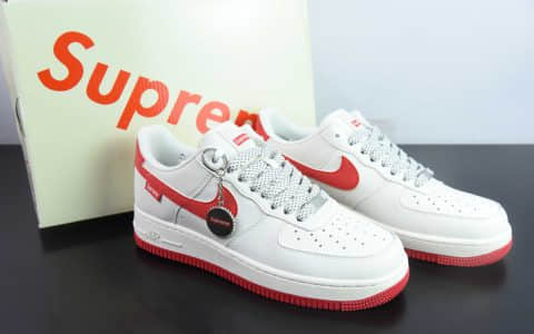 耐克Nike Supreme x Nike Air Force 1 07 LowSupreme皮革Sup米白红标反光空军一号经典低帮百搭休闲运动板鞋纯原版本 货号：HD1968-026