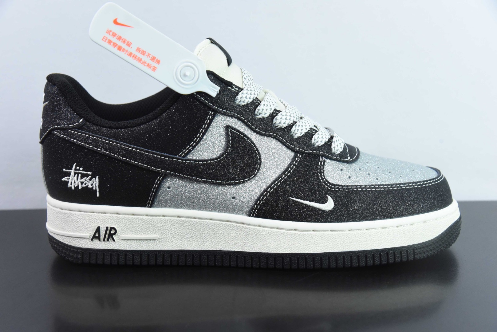 耐克Nike Air Force 1 AF1黑银闪钻斯图西刺绣空军一号低帮休闲板鞋纯原版本 货号：XZ1968-518